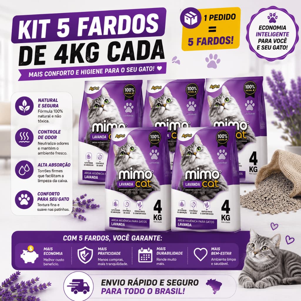 Kit 5 Areia Sanitária Mimo Cat Lavanda Higiênica Argila Natural para Gatos Tradicional 20 kg