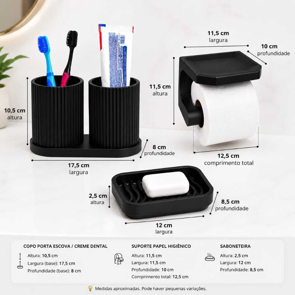 Conjunto De Banheiro Completo 3 Peças Porta Escova De Dente Suporte Papel E Sabonete