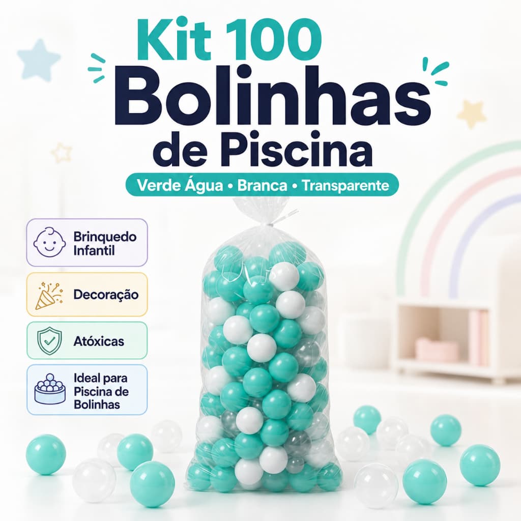 100 Bolinhas de Piscina Infantil Verde Água Branca Transparente 71mm Brinquedo