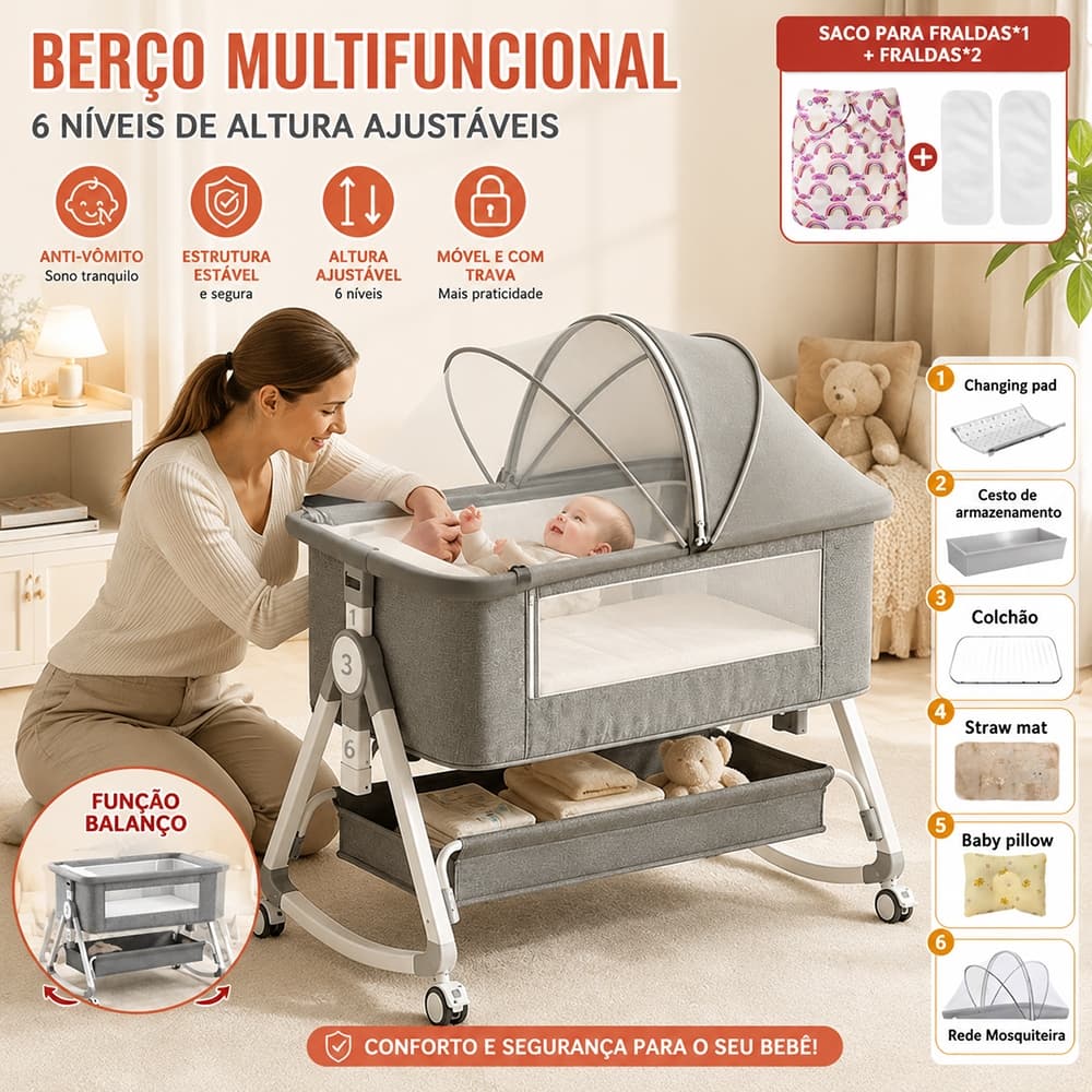 Berço Portátil Moises Com Balanço Mesa De Fraldas Mosquiteiro E 6 Níveis De Ajuste De Altura Portátil 0 A 3 Anos