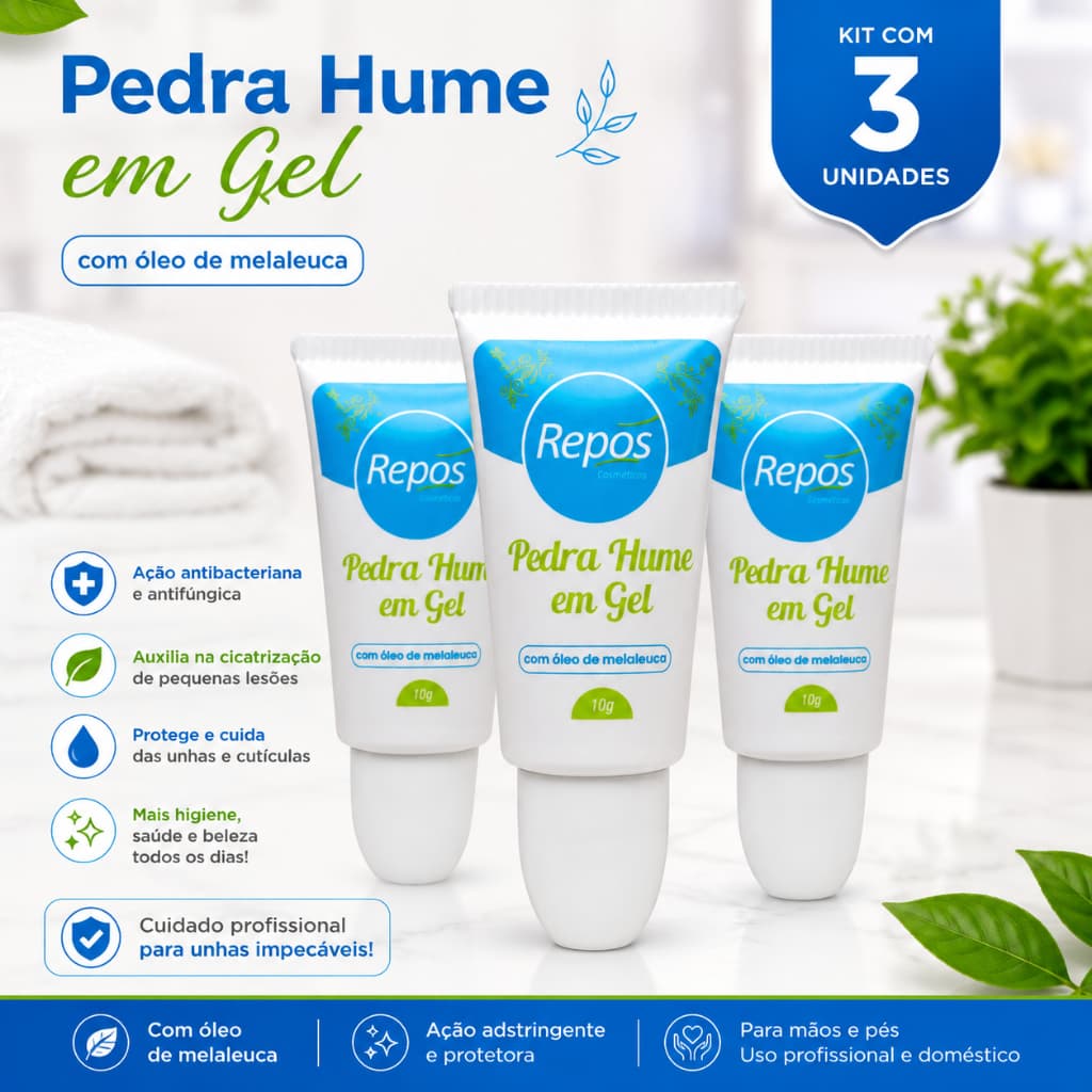 Kit 03 Pedra Hume em Gel Repós 10g Com Óleo de Melaleuca Estanca Sangramento Cutículas Cicatrizante Manicure Pedicure