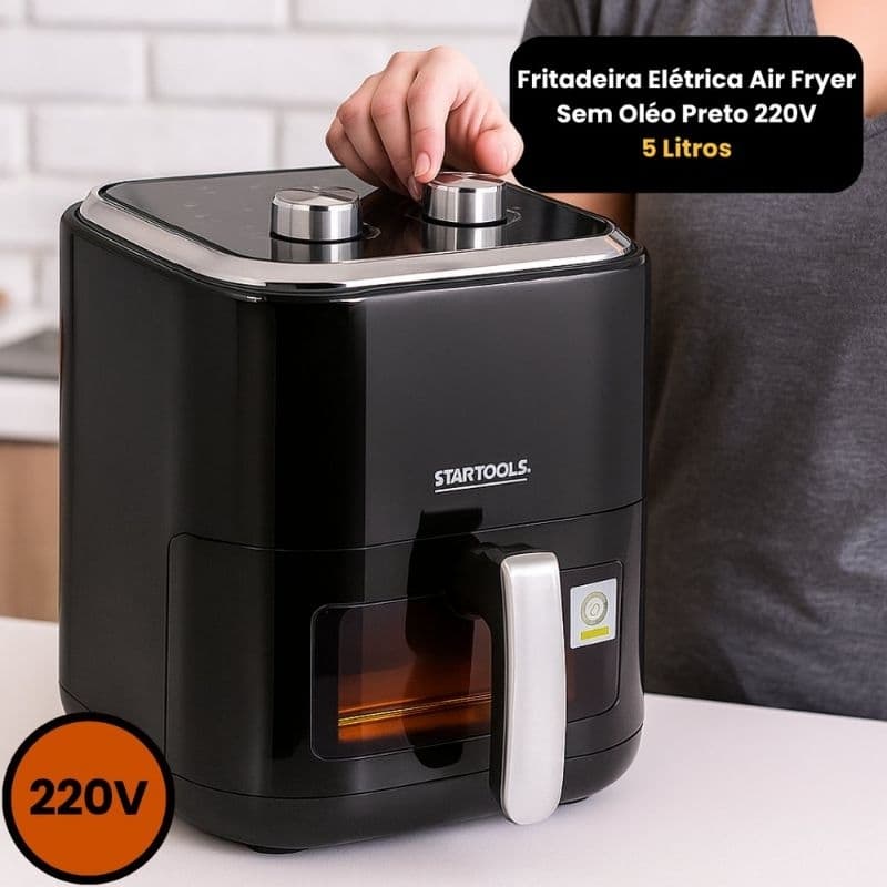 Air Fryer 5 Litros 220V Fritadeira Elétrica Sem Óleo Preta Antiaderente Grande Capacidade