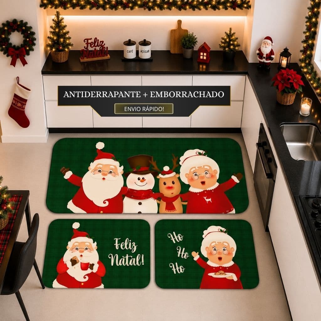 Kit com 3 Tapetes para Cozinha Decorativos Exclusivo Natalino Papai e Mamãe Noel Ho Ho Ho