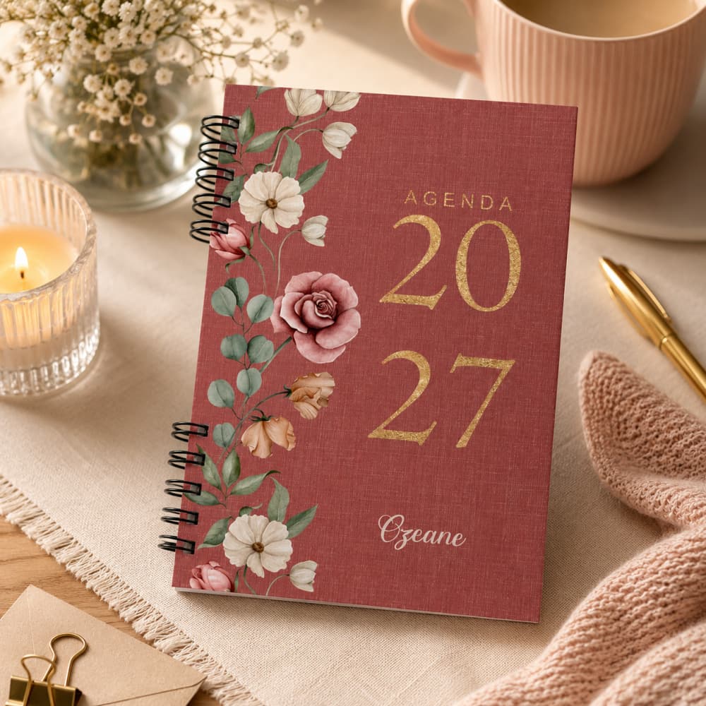 Agenda 2027 DATADA, personalizada COM O NOME DO COMPRADOR, folhas decoradas, A5,  2 dias por página