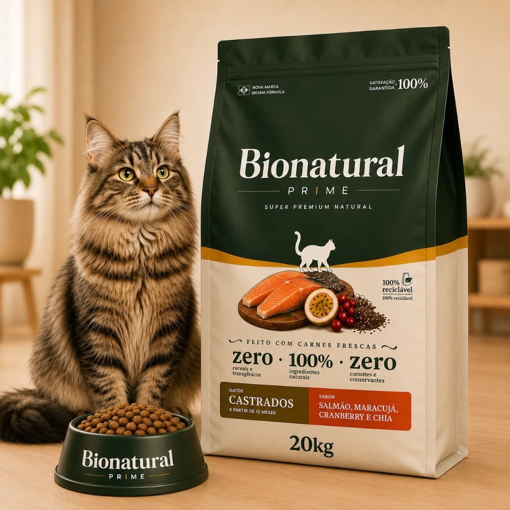 Racao Seca Bionatural Prime Super Premium Natural Gatos Castrados Sabor Salmao Maracuja 20KG
