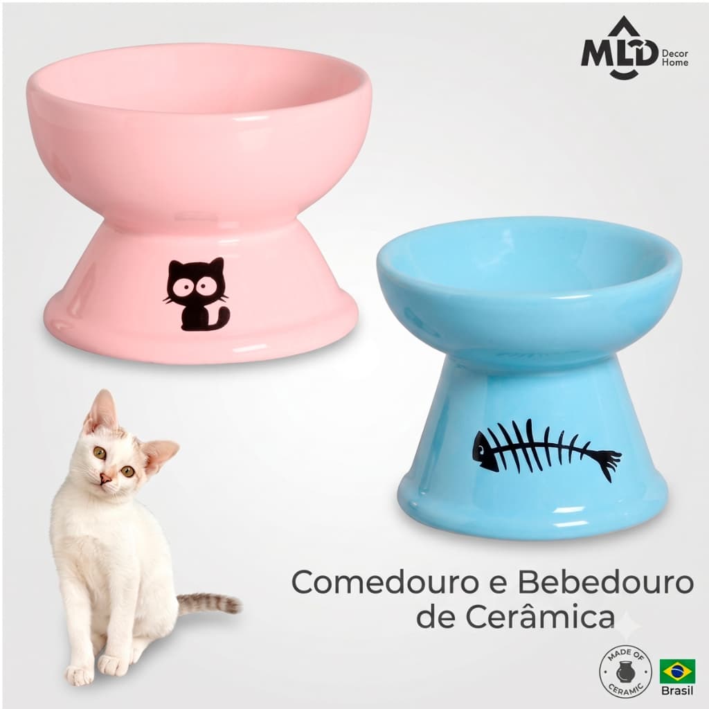 Comedouro Pratico pra Gatos em Cerâmica Luxo Bebedouro Elevado Cerâmica Higiênico Ergonômico Bebedor