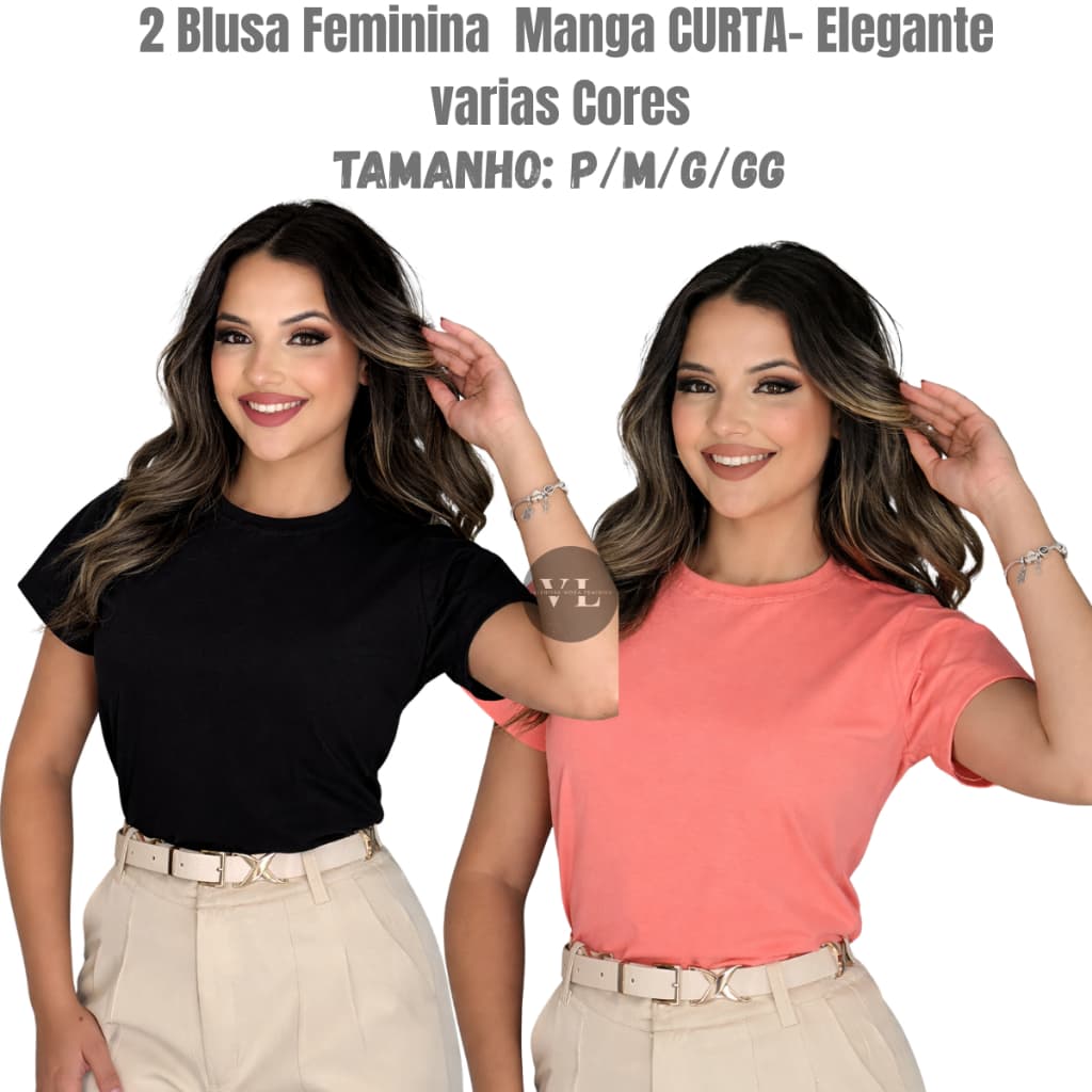 2 Blusa Feminina Lisa Básica Gola Redonda Manga Curta Diversas Cores