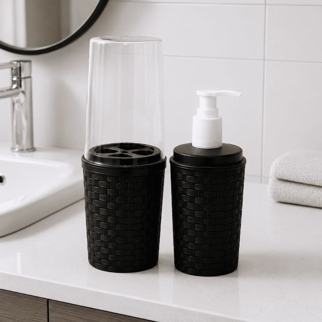 Kit Banheiro Porta Sabonete Líquido-Escova De Dente - 2 Peças Preto