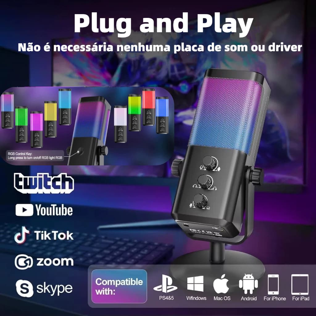 Microfone Gamer Condensador Podcast Alta Sensibilidade Rgb - Microfones e Gravadores HREBOS MF-011