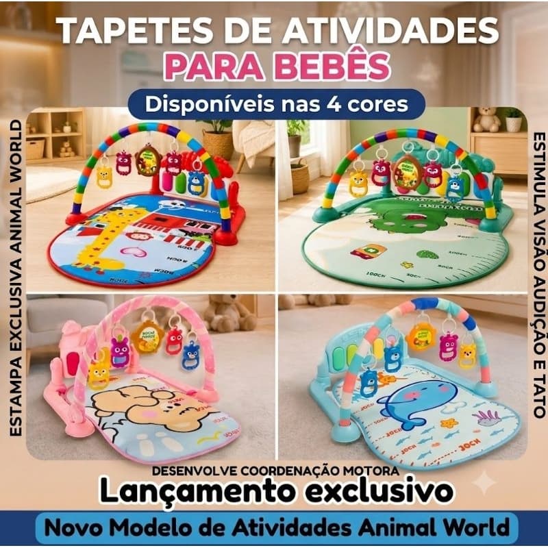 Tapete de Atividades Para Bebê Animal World, Piano Musical Mobiles Coloridos Brinquedos Sensorial