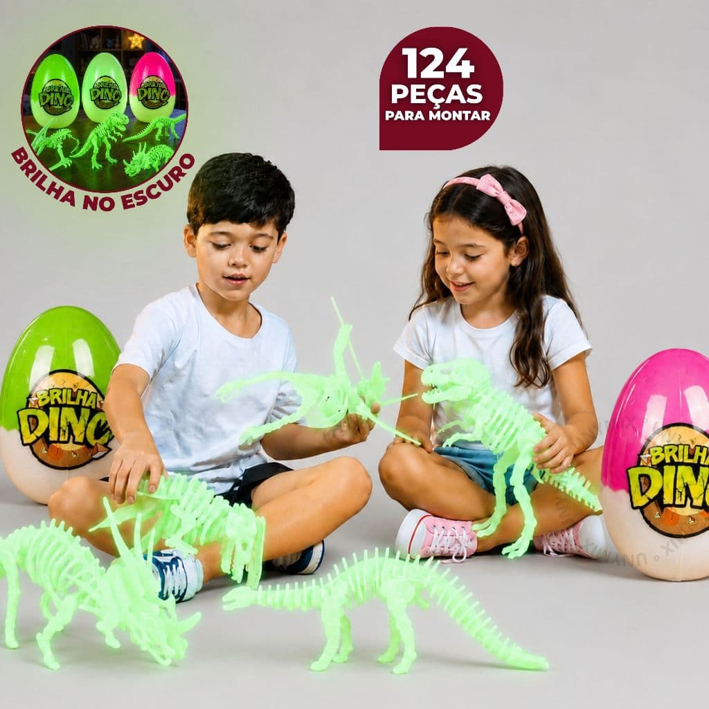 Kit Brilha Dino 4 Dinossauro e Ovo Brilha no Escuro com 124 Peças Para Montar
