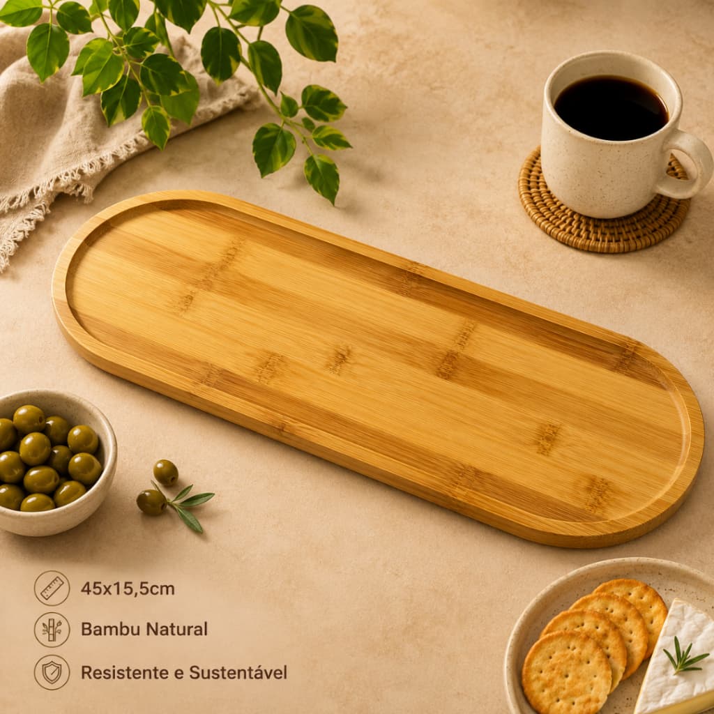 Bandeja Oval Bambu 45x15,5cm | Petisqueira, Tábua, Gamela, Servir, Café, Frios, Mesa Posta, Decoração