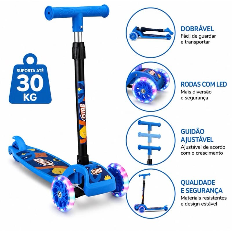 Patinete Infantil 3 rodas com Led Curb Dobrável Suporta até 30kg nas cores azul e rosa