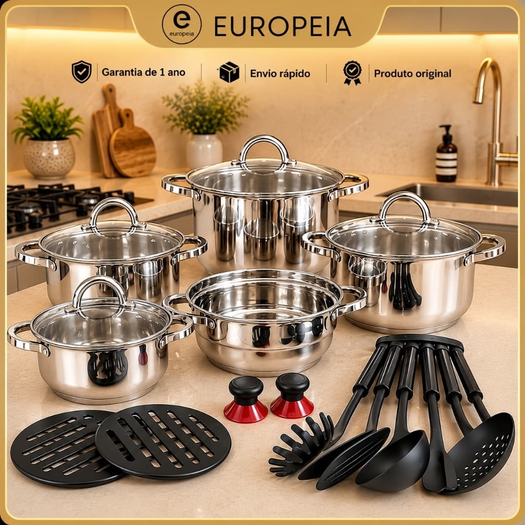 Jogo de Panelas Genebra Kit 19 Peças de Aço inoxidável fundo Triplo 9 camadas