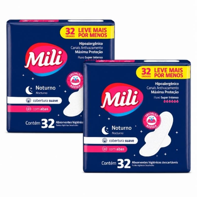 Kit 2 Absorvente Mili Noturno Suave Com Abas Máxima Proteção Com 32 Unidades - Total 64 Unidades