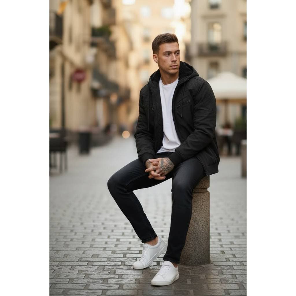 Jaqueta sarja masculina, jaqueta com capuz removivel, casaco masculino, jaqueta inverno, casual, bolso com zíper