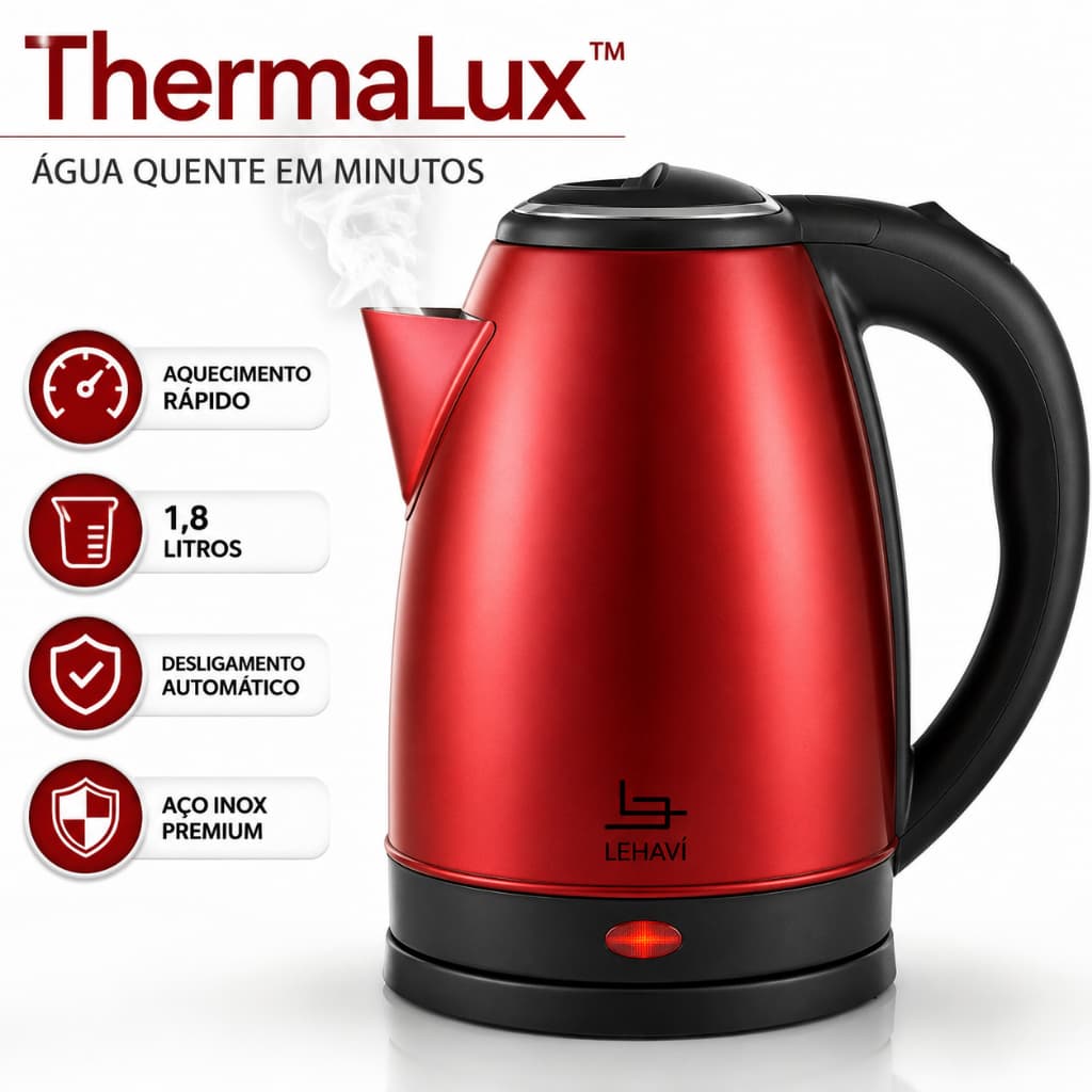 Chaleira Elétrica Inox Vermelha 1,8L 127V/220V Aquecimento Rápido Desligamento Automático