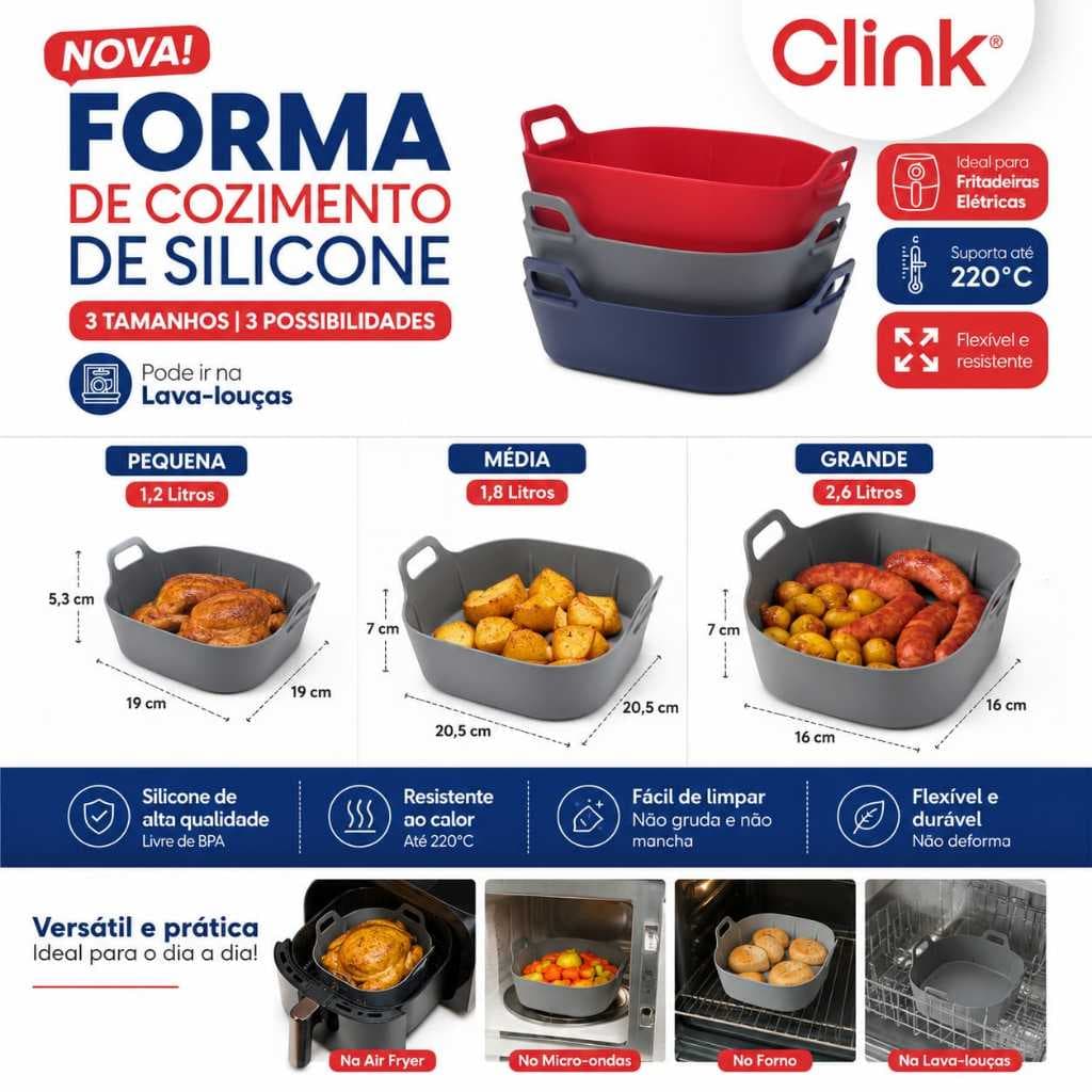 Forma de Silicone Air Fryer Assadeira Fritadeira Quadrada Antiaderente Vermelho/Cinza