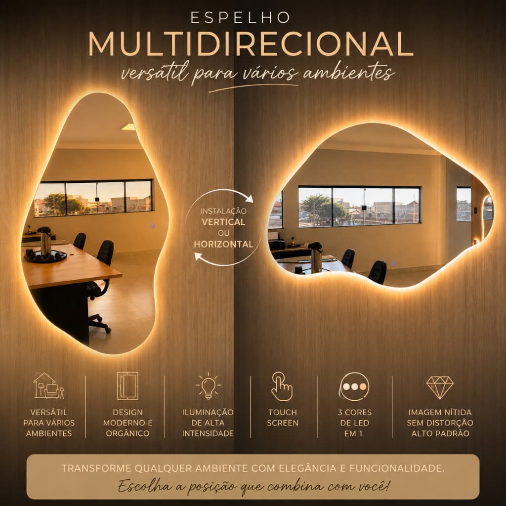 Espelho LED Organico 05 Iluminado 3 cores Decoração Banheiro Lavabo Sala Salão Quarto Closet Camarim