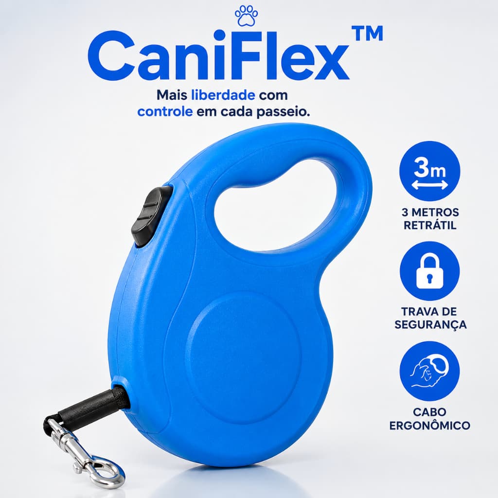 Guia Retrátil para Cachorro 3 Metros Trava de Segurança Cabo Ergonômico Passeio Seguro CaniFlex™