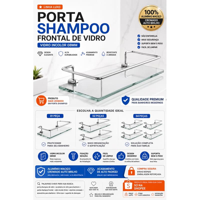Porta Shampoo Frontal Vidro 8mm Lapidado, Suporte Alumínio Cromado, Alta Resistência, Banheiro Moderno Premium