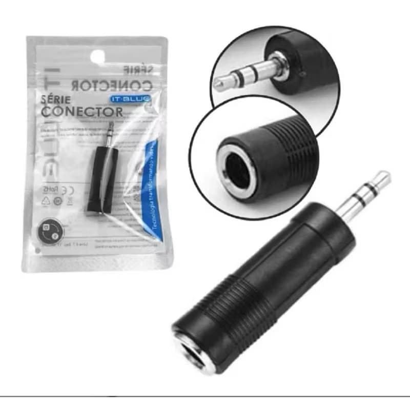 Plug Adaptador P10 femea P/ P2 macho Stereo Auxiliar Som