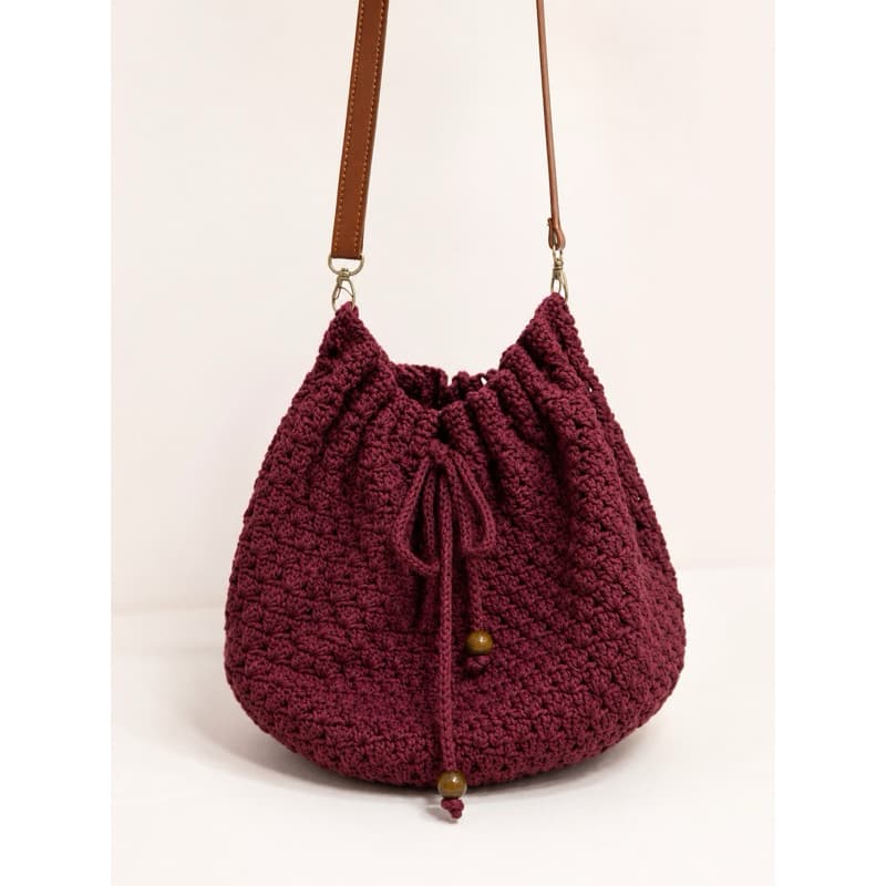 Bolsa de Crochê Bordô – Bolsa Vinho Estilo Boho Chic Feita à Mão Ecobag Bolsa Saco Bucket Bag