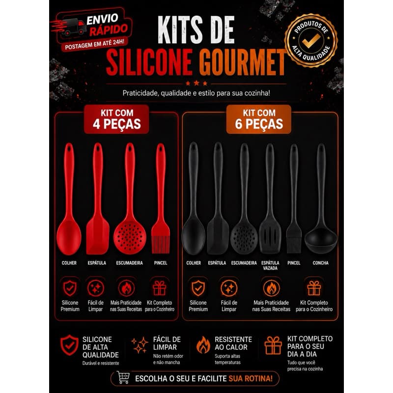 Kit De Silicone Vermelho/Preto Grande Durável| Linha premium dequalidade l Artigos De Cozinha Promoção