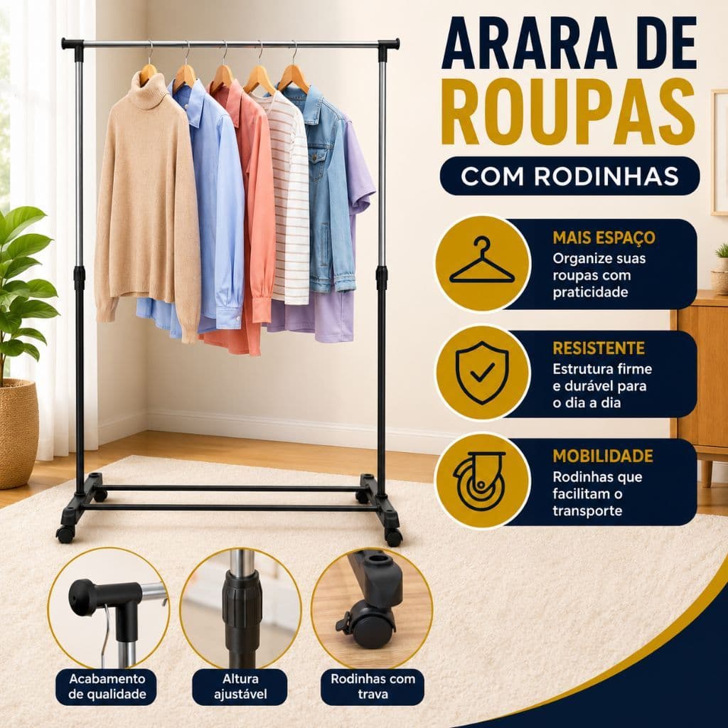 Araras com Rodas para Roupas Cabideiro Resistente com Sapateira para Quarto Studio Compacto Duhome