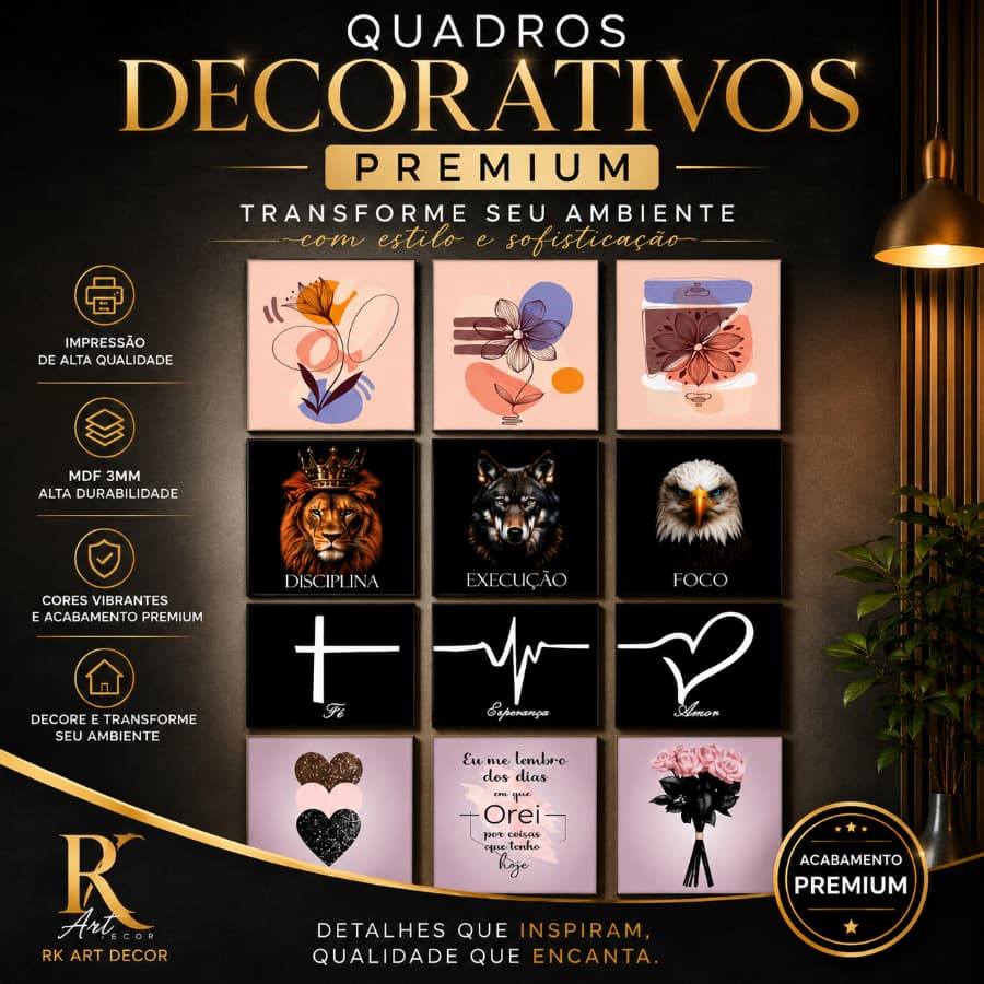 Kit Trio de Quadros Decorativos para Parede com Fita 3M | Moldura Premium | Decoração Sala, Quarto e Escritório