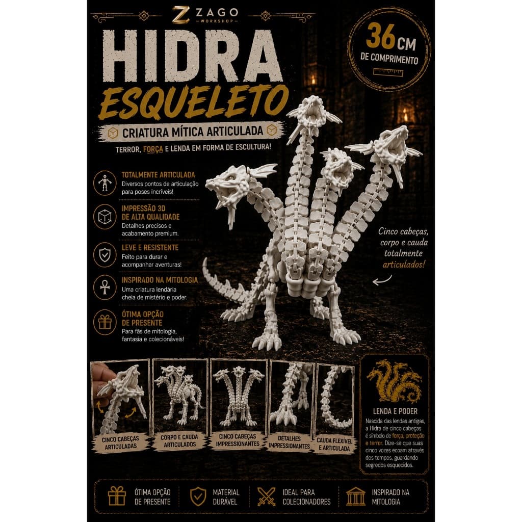 Hidra Esqueleto Articulada 36cm Impressão 3D Flexível Criatura Mitológica Colecionável