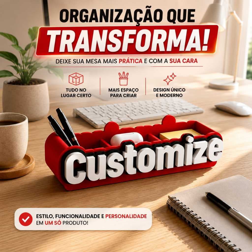 Organizador de Mesa com Nome Personalizado – Decoração Exclusiva para Escritório e Home Office
