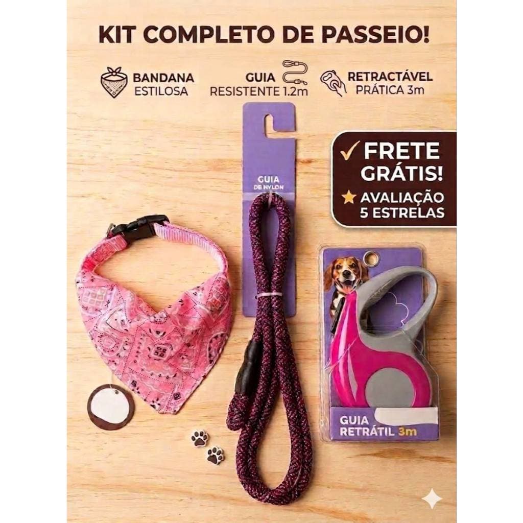 Kit Passeio Pet Cachorro 3 Peças Guia Retrátil 3m Guia Nylon Resistente E Bandana Estilosa Cães