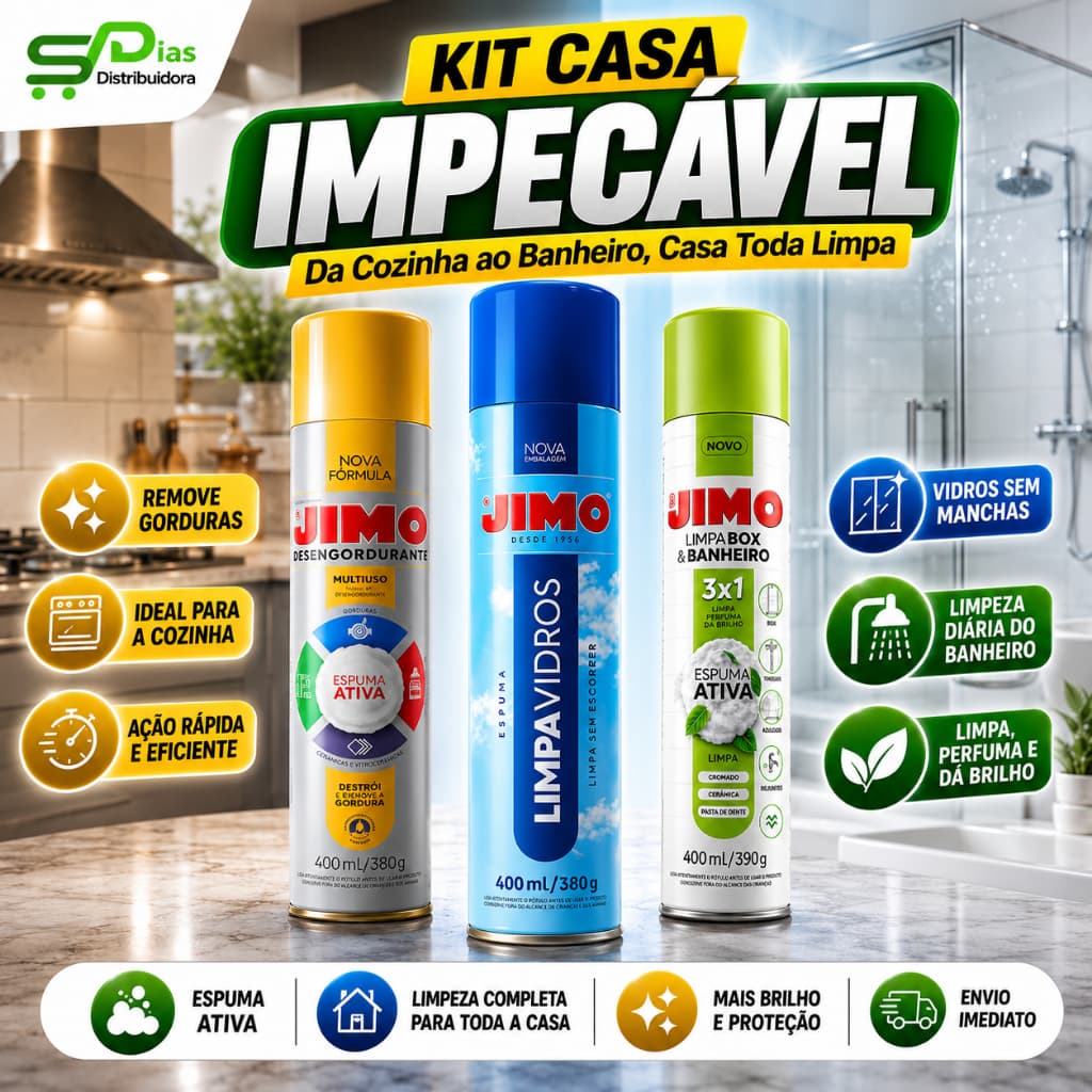 Kit Jimo Casa Impecável - Desengordurante + Limpa Vidros + Limpa Box e Banheiro - Espuma Ativa