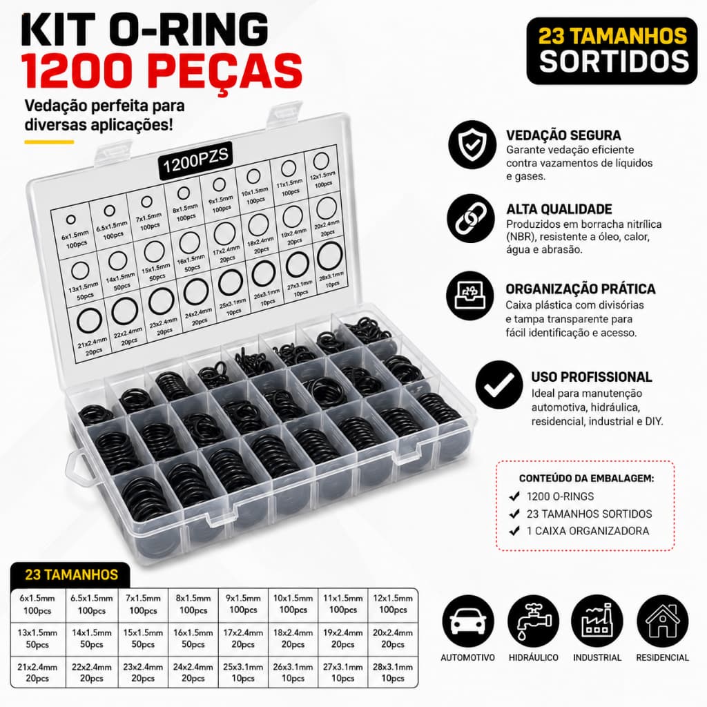 Kit 1200 Peças Anel De Vedação Borracha O-ring Estojo Diversos