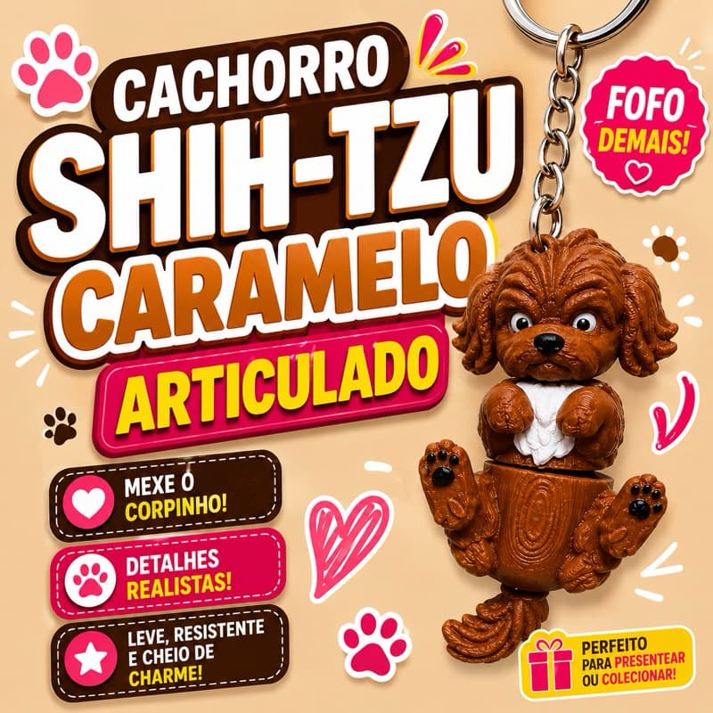 Chaveiro Shih Tzu Caramelo Articulado 3D | Pingente para Bolsa, Mochila e Chaves