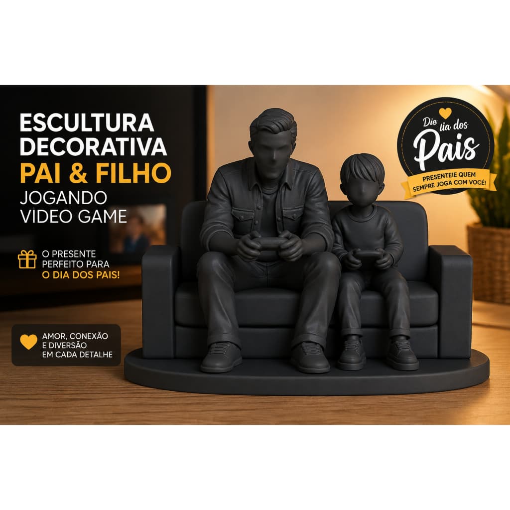 Escultura Gamer Pai e Filho no Sofá Jogando Videogame Decoração Presente Dia dos Pais