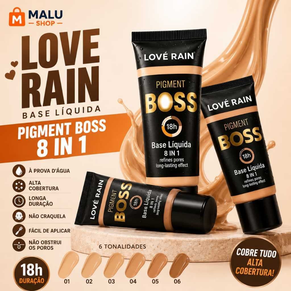Base Líquida Pigment Boss Lové Rain 8 em 1 Alta Cobertura Matte 18h À Prova D'Água Não Craquela 6 Tonalidades 60ml