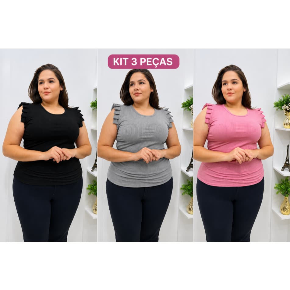 Kit 3 Blusas Manga babado blogueira Plus Size