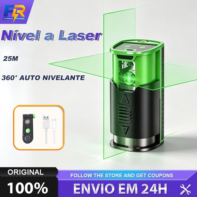 Nível a Laser Verde 2 Linhas 360° Auto Nivelante 25m Tripé Ajustável Profissional