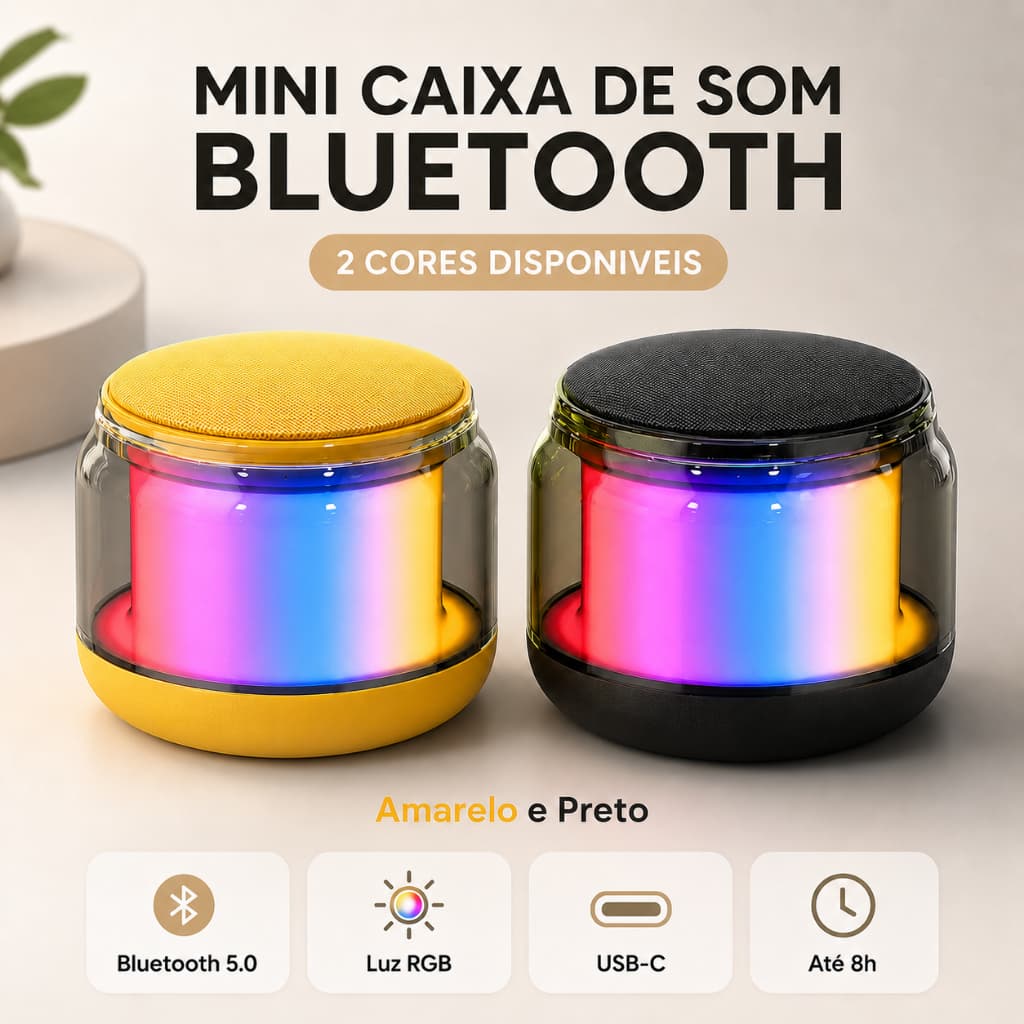 Caixa de Som Bluetooth Sem Fio 5W Portátil Mini RGB | Conexão Rápida Bluetooth 5.0 USB-C