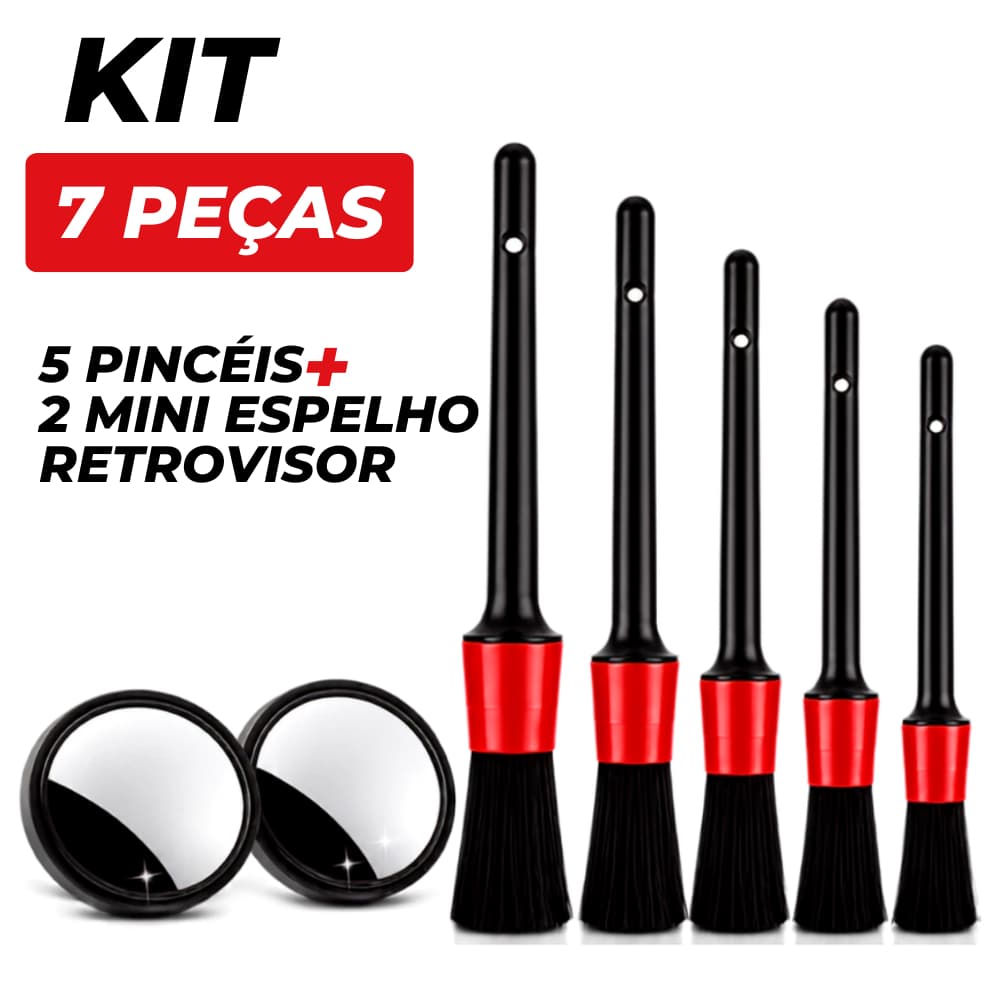 Kit Limpeza Automotiva 7 Peças com 5 Pincéis de Detalhamento + 2 Espelhos Retrovisores Ponto Cego 360° Carro Moto