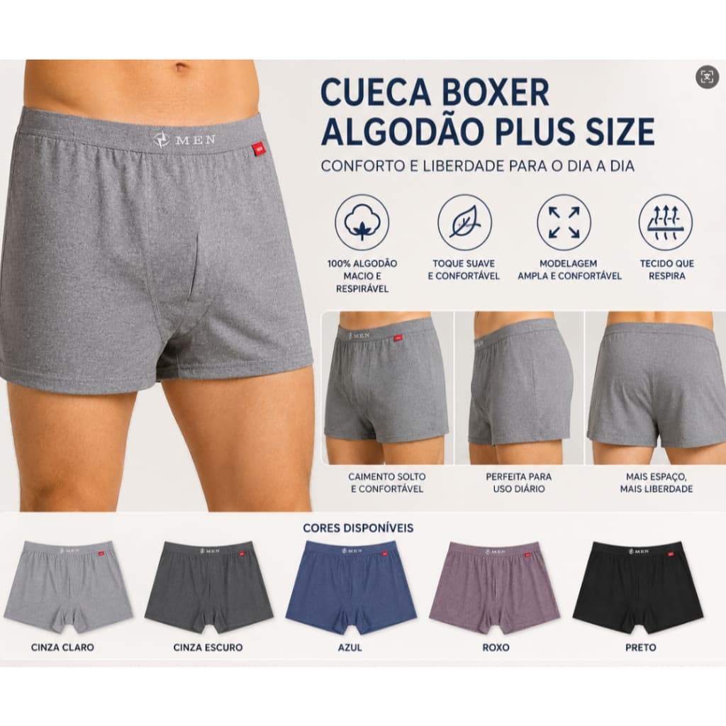 KIT4/3/2 Cueca Boxer Masculina Plus Size em Algodão Macio Respirável Alta Elasticidade Conforto Diário GG G1 G2 G3