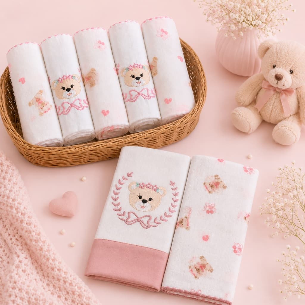 Kit 7 Peças Luxo Ursinha Baby Enxoval Delicado Bebê Menina Combo Estampado 5 Fralda +2 Toalha