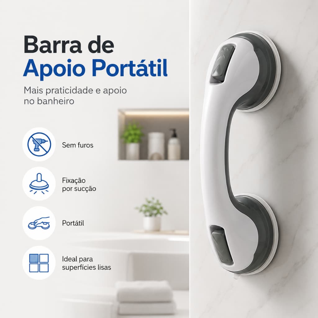 Barra de Apoio Banheiro com Ventosa Portátil Sem Furo Segurança Idosos Crianças Deficientes