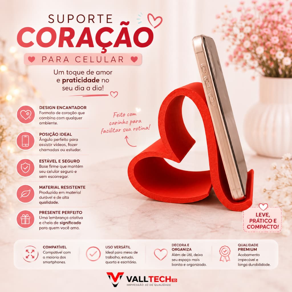 Suporte para Celular Coração | Porta Celular de Mesa | Compatível com iPhone e Android | Impressão 3D Premium | Presente