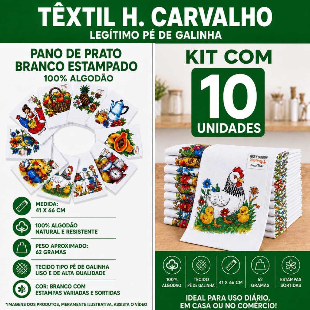 Kit C/ 10 Un - Pano De Prato Copa Estampado Tati Têxtil H. Carvalho - Pé De Galinha - Branco