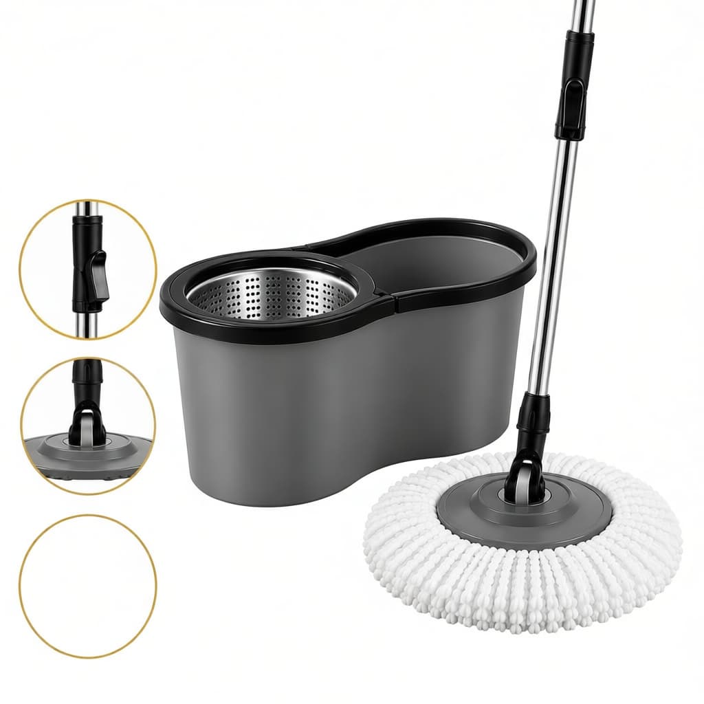 Mop Giratório 360° Esfregão Multiuso 9 litros Com Centrífuga Balde Alça Cabo Reforçado Microfibra Cesto Inox Ou Plástico
