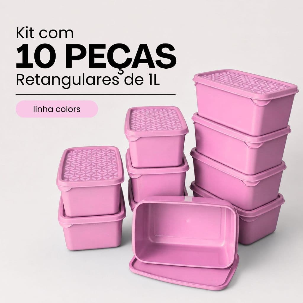 Kit de Potes Retangulares de 1L 10 Unidades Marmitas para Organizar Refeições Linha COLORS