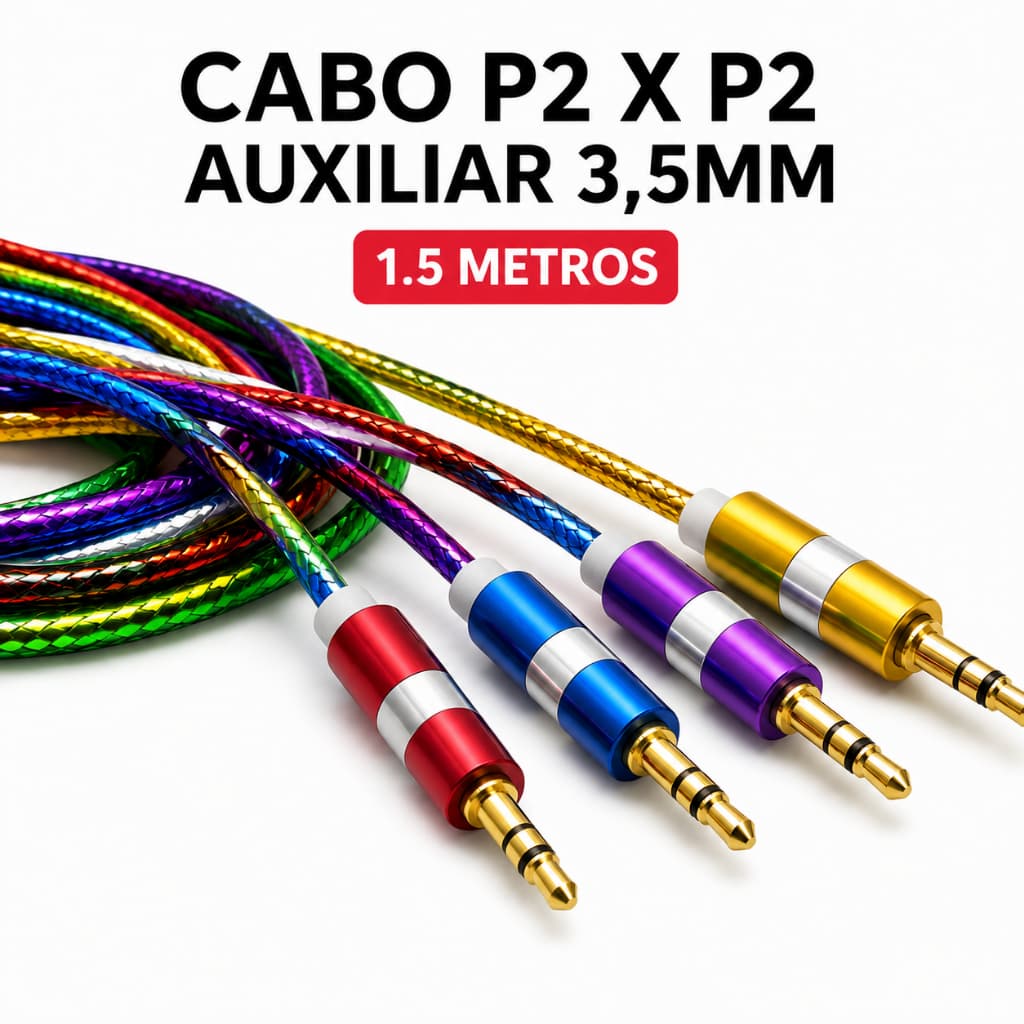 Cabo P2xP2 Auxiliar 3,5mm com 1.5 Metro Jack p/ Entrada P2 Auxiliar Alta Qualidade Anti-Nó Colorido